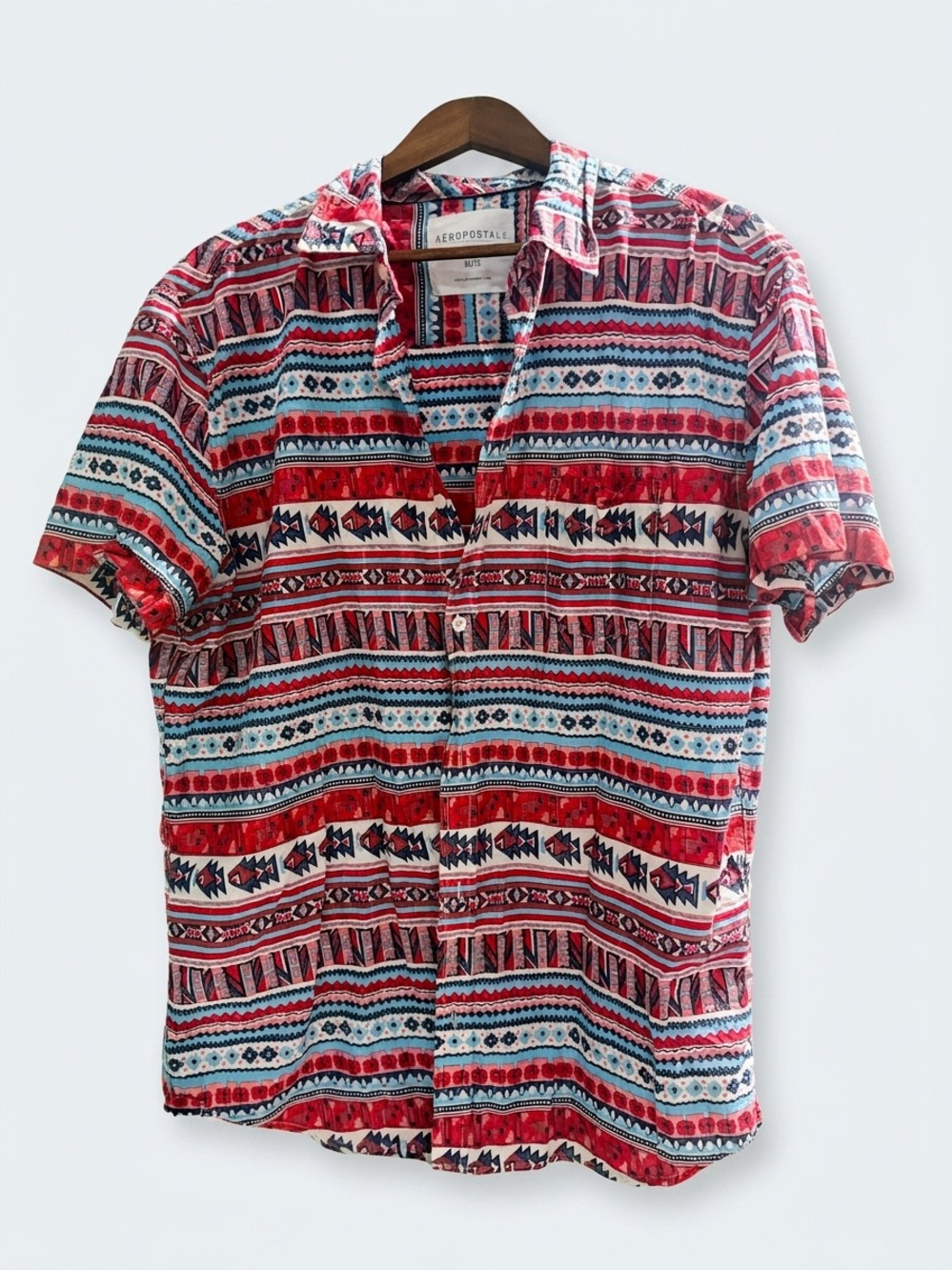 Aeropostale Red and Blue Aztec-Pattern Short Sleeve‎ Button-Down
